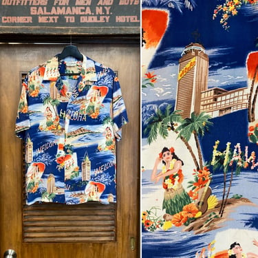 Vintage 1950’s Size L “Iolani” Hula Girl x Aloha Tower Crepe Hawaiian Shirt, Original, Loop Collar, Matching Pocket, 50’s Vintage Clothing 