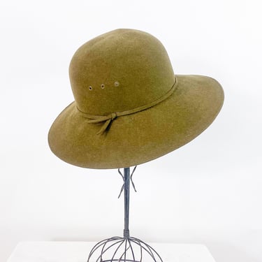 1980s Olive Green Wool Felt Hat | 80s Olive Green Wide Brim Hat | Helen Kaminski 