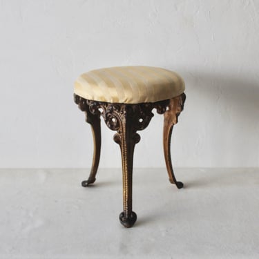 Victorian Style Cast Iron Ornate Upholstered Stool Vintage Mid-Century 