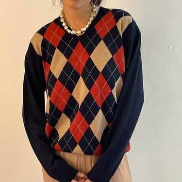 90s merino sweater / vintage Brooks Brothers Bros Italian merino wool navy multicolor argyle intarsia boyfriend V neck pullover sweater | L 