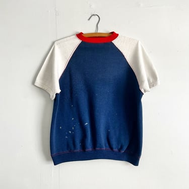 Vintage 60s 70s Tri Color Short Sleeve Sweatshirt Blue White Red Paint Splatter Grunge Size M to L 