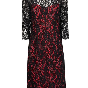 Monique Lhuillier - Black Lace w/ Red Underlay Open Back Cocktail Dress Sz 8