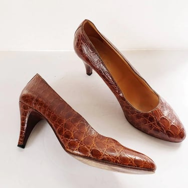 1990s Ralph Lauren Brown Leather Pumps / 90s Designer High Heel Shoes Crocodile Embossed Texture / 9 1/2 / Kelsey 