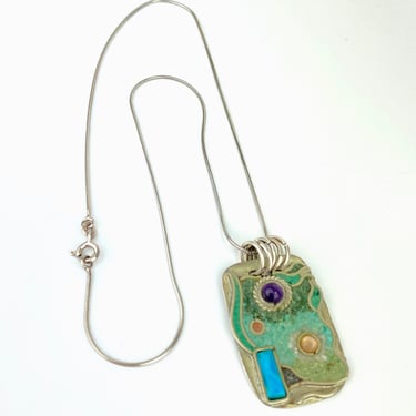 Artisan Modernist Abstract Sterling Silver Multi Stone Inlay Pendant Necklace Turquoise 