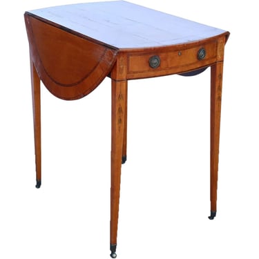 Antique English George III Inlaid Satinwood Oval Drop-Leaf Pembroke Table on Casters 