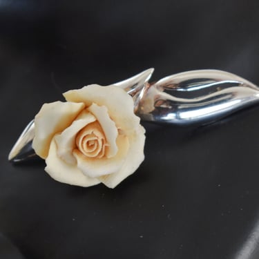 60's Rossana Italy 925 silver porcelain rose brooch, Modernist sterling leaves peach ceramic flower pin 
