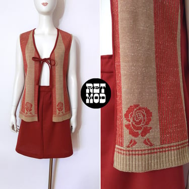 Boho Vintage 70s Terracotta Colored Vest & Skirt Set with Woven Rose Pattern 