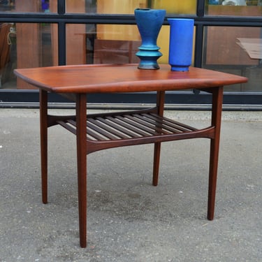Teak Side Table w/ Flared Edges &#038; Slat Shelf by Kindt-Larsen