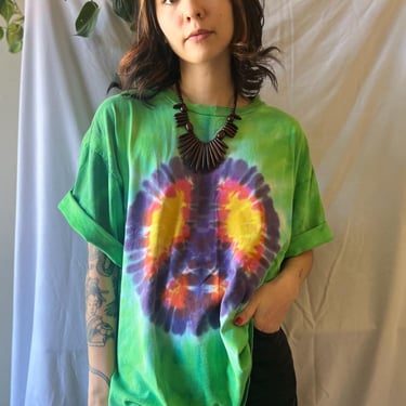 1990's Vintage Shirt / Tie Dye 90's Tshirt / Highlighter Yellow and Pink and Green Dyed 