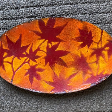 Tucker & Mackintosh Oval Enamel on Copper Dish/Plate Art Piece~ Orange Burgundy Leaf Enamelware Oval Tray~ Artist Signed~ Vintage Fall Decor 