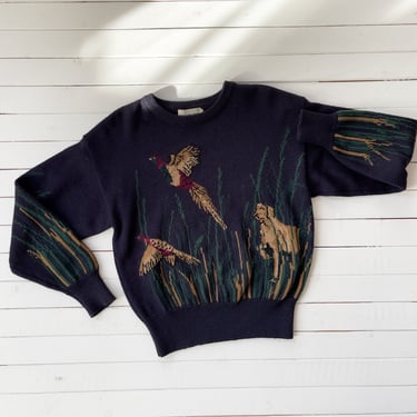 navy wool sweater 80s vintage JH Collectibles pheasant dog hunting scene novelty sweater 