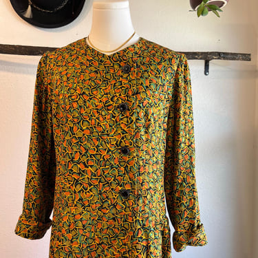 Vintage 80s Green & Orange Silky Made in Japan Long Sleeve Dress Size Medium 