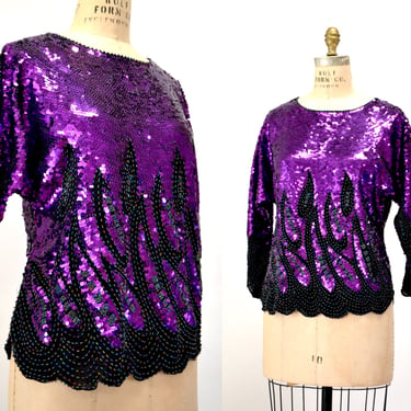 80s Party Vintage Sequin Shirt Top Purple 80s Disco Party Sequin Top //Vintage Purple Metallic New Years Top Size medium Disco Dynasty 