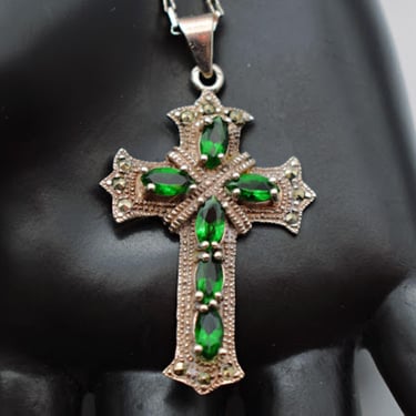 80's tsavorite garnet marcasite sterling Byzantine cross pendant, Gothic 925 silver dark bling necklace 