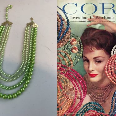 Covered In Delight - Vintage 1950s 1960s Ombre Parakeet Lime Green Beaded 4 Strand Necklace 