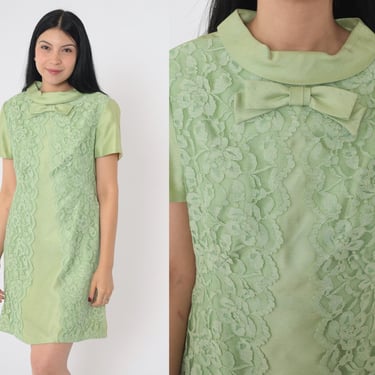 60s Mod Lace Dress Green Mini Cocktail Party Dress 1960s Boho Hippie Vintage Shift Bow Neck Short Sleeve Mad Men Evening Small 