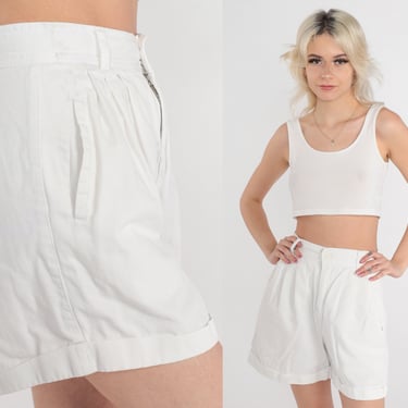 90s Trouser Shorts White Pleated Shorts Esprit Preppy Shorts High Waisted Cotton Summer High Waist Vintage Mom 1990s Extra Small xs 25 