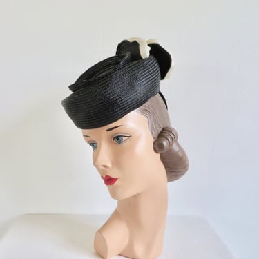 1940's Black and White Straw Pillbox Tilt Hat with Fabric Flowers and Head Holder Film Noir Style WW2 Era 40's Millinery Rockabilly Swing 
