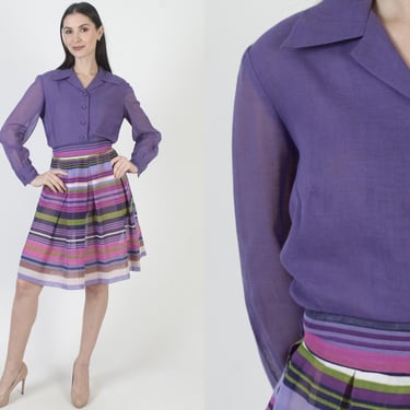 Purple Striped Dress, Belted Mini Sundress, 70s Butterfly Collar, Button Up Bodice, Horizontal Stripes 