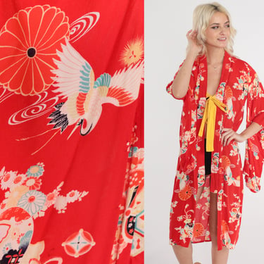 Red Floral Kimono 80s Robe Jacket Bohemian Tie Front Asian Inspired Flower Crane Bird Print Hippie Japanese House Coat Vintage 1980s Medium 