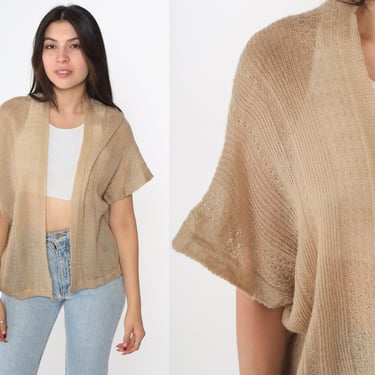 Sheer Tan Cardigan Sweater 70s See Through Sweater Short Sleeve Pointelle Open Weave 1970s Vintage Acrylic Open Front Small Medium Large 