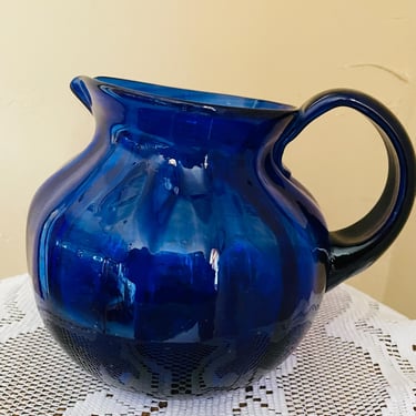 Pretty Handmade Blown Cobalt Blue  Pitcher Glass - holds 10 cups 