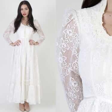 All White Gunne Sax Boho Wedding Dress, Romantic Renaissance Bridal Collection Gown, Lace Up Corset Tie Bodice - Size 9 