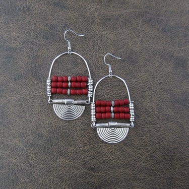 Ethnic red and silver statement earrings 