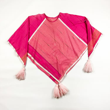 1980s Pink Tassel Cape / Cotton Candy / Oversize Tassels / Barbie Pink / Elf / Pullover / Textured Cotton / Striped / Drapey / Pastel / 