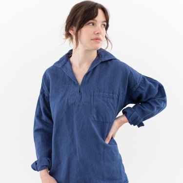 Vintage Overdye Workwear Blue Sailor Popover Shirt | Unisex Herringbone Twill Long Sleeve Pullover | Artist Studio Top | S M 