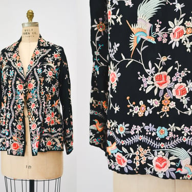 1930s Chinese Embroidered Silk Jacket / Vintage Black jacket with Hand Embroidered Bird Floral Embroidery / Embroidered Jacket Small Medium 
