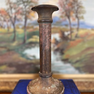 Free shipping within Continental US - Antique Patinated Brass Toned Candlestick Holder with Wax Residue, Early 20th Century 