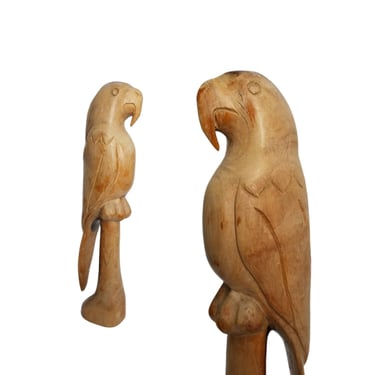 Vintage Wooden Parrot Statue / Hand Carved Parrot Sculpture / Natural Wood Handicraft Tropical Bird Figurine / Coastal Beach HouseDecor 
