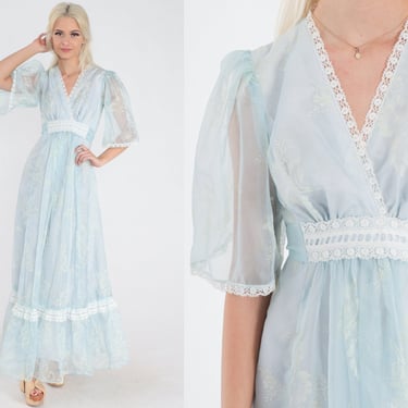 70s Floral Dress Baby Blue Maxi Dress Lace Trim Sheer Puff Sleeve V Neck Empire Waist Retro Bohemian Pastel Formal Vintage 1970s Small S 