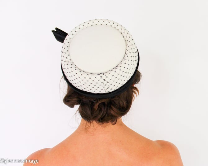 1950s Creme & Black Pillbox Hat | 50s Off White Wool Felt Rhinestone Hat 