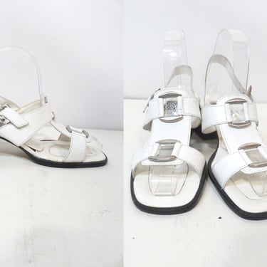 Vintage 90s Does 60s Mod White Leather Block Heel Sandals Size 6.5 