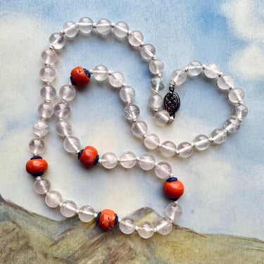 Antique Chinese Rock Crystal Quartz Tibetan Coral Cloisonné Bead Necklace 70g 