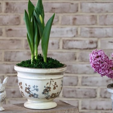 Beige/Blue Floral Pattern Pot, neutral home decor, grandmillennial, old new decor, Parisian decor, bookshelf vase, beige shelf decor 