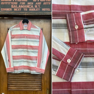 Vintage 1950’s -Deadstock- Atomic Border Stripe Elvis Loop Collar Rockabilly Shirt, Never Worn, Original, 50’s Vintage Clothing 