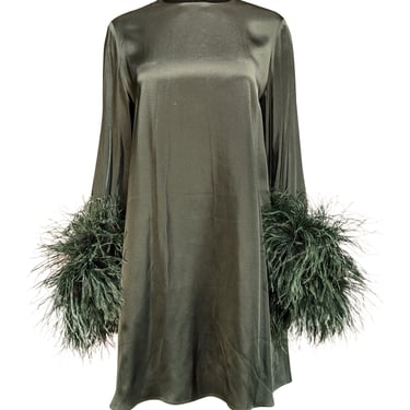 Lapointe - Green Satin Shift Dress w/ Feather Cuffs Sz S