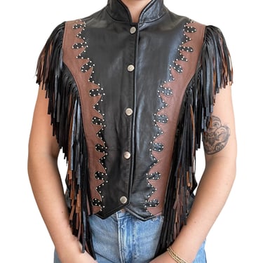 Vintage 80s Diamond Plate Womens Leather Fringe Western Boho Hippie Vest Sz M 