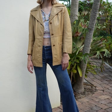 Vintage 1970's Khaki Beige Leather Fitted Jacket / Autumnal / Safari Style / Multi Pocketed Lightweight Coat Fitted Jacket 