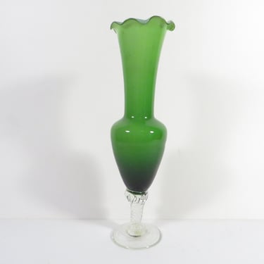 Mid Century Green Glass Bud Vase - Green Glass Ruffled Edge Vase 