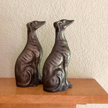 greyhounds bronze brass pair vintage figures statues,  figurines seated dogs, dog lover 