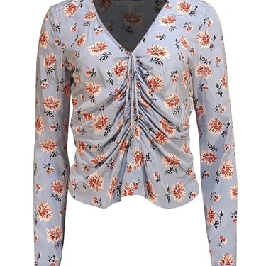 Veronica Beard - Light Blue w/ Cream & Pink Floral Print Ruched Tie Middle Top Sz 4