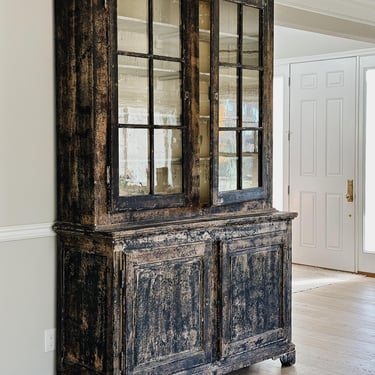 Antique Black Painted French Buffet Deux Corps/Hutch Cabinet 