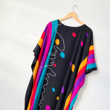 1980s Striped Dotted Colorful Black Rayon Caftan Dress 