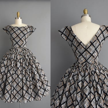 1950s vintage dress | Gorgeous Plaid Print Sweeping Full Skirt Cocktail Party Dress | XS | 50s dress 