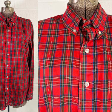 Vintage Continental Shirts Red Plaid Shirt Button Front Long Sleeve XL XXL Large 1970s 