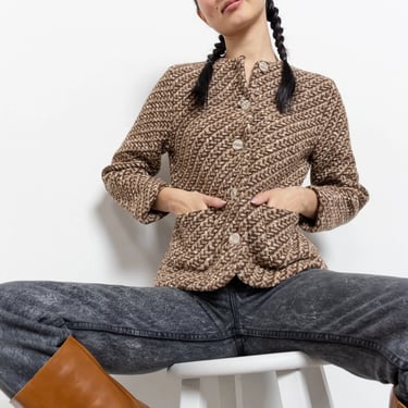 VINTAGE WOOL CARDIGAN Woven Brown Earthy Minimal Rustic Grandma Sweater Xs Woman 90's / Extra Small 